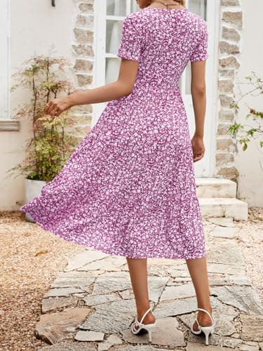 Sureple Women's Casual Cotton Dresses Crewneck Fitted Guest High Waist Midi Pocket Short Sleeve Spring Tiered(SP209-Purple Floral-M) - Image 3