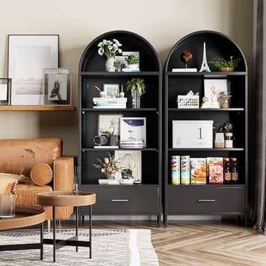 VEXPOR 73 in Tall Metal Arched Cabinet, 4-Tier Arched Bookcase with Drawer, Modern Farmhouse Bookshelf with 2 Adjustable Shelves, Kitchen Pantry Cabinet for Living Room, Black, Assembly Required - Image 7