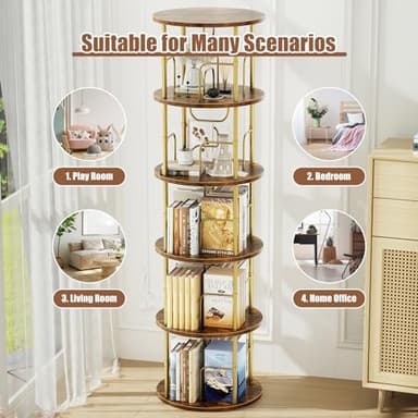 ALLSTAND 5 Tier Rotating Bookshelf, 360 ° Display Stackable Spinning Bookshelf Tower, Narrow Space Saving Tall Floor Standing Swivel Bookcase Corner Storage Organizer for Bedroom, Living Room, Gold - Image 7