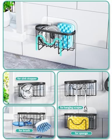 HapiRm Multifunctional Sponge Holder with Unique M-Shaped, 2 Installation Methods Kitchen Sink Caddy Organizer, Rustproof Stainless Steel Sponge Caddy for Brush, Sink Stopper and Scraper -Black - Image 2