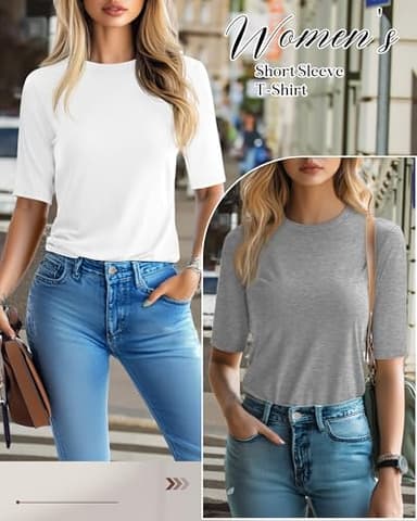 Riyiper 3 Pack Elbow Length Tee Shirts for Women 1/2 Half Sleeve Tops Crewneck Cotton Slim Fit Casual Summer Basic Tee(Black, White, Light Gray,M) - Image 5