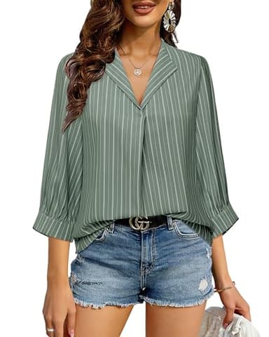 Unixseque Business Casual Tops for Women: Work Attire for Office - Spring Blouses for Women 2025 - Dress Shirts for Women 3/4 Sleeve Professional Formal Tops Dressy Ladies Tops Elegant Green Stripe M - Image 2