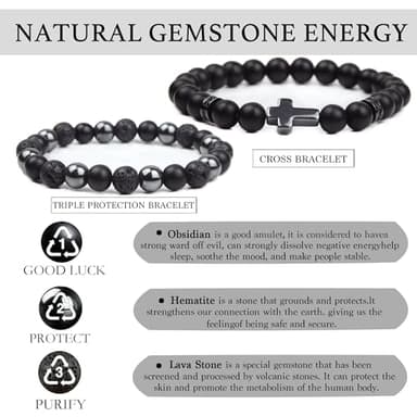 GDLKPYHS Black Obsidian Bracelets for Men - Cross Bracelet - Tourmaline Beaded Bracelets, 8MM Black Onyx Hematite Lava Stone Beads Triple Protection Bracelet for Men Women Gifts - Image 3