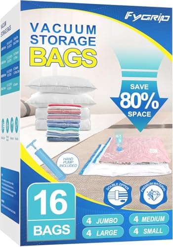 Fygrip 16 Pack Vacuum Storage Bags with Hand Pump, 4 Jumbo + 4 Large + 4 Medium + 4 Small Plastic Packaging Bags, 80% Space Saver Vacuum Seal Bags for Clothing, Travel Lugggage, Blankets, Comforters - Image 1