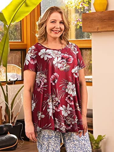 LARACE Floral Tops for Womens Tunic Plus Size Short Sleeve Shirts Loose Fit Summer Clothes Casual Flower Blouses(4X, A-Wine Red18) - Image 7