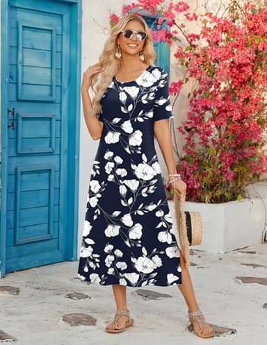 Zeagoo Shirt Dresses for Women 2025 Half Sleeve Sundresses O Neck Cover Up Navy Womens Flower Print Dress Long Maxi Dresses Casual Summer A Line Tshirt Slit Vacation Dress with Pockets Navy Floral XL - Image 4