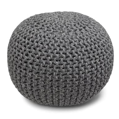 SIMPLIHOME Nikki Boho Round Hand Knit Pouf in Grey Cotton for the Living Room, Bedroom and Kids Room - Image 1