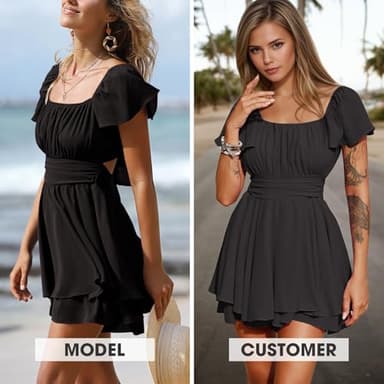 EXLURA Women's 2024 Summer Ruffle Short Sleeve Tie Back Romper Dress Square Neck A Line Cute Dressy Short Jumpsuits - Image 2