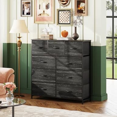 WLIVE 9-Drawer Dresser, Fabric Storage Tower for Bedroom, Entryway, Closet, Tall Chest Organizer Unit with Fabric Bins, Steel Frame, Wood Top, Easy Pull Handle, Charcoal Black Wood Grain Print - Image 2