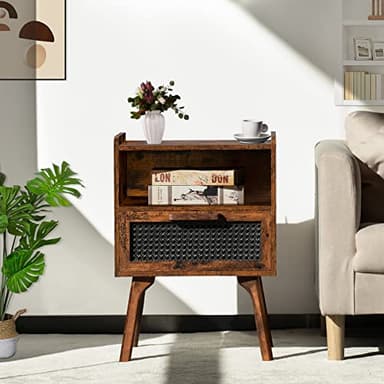 Lerliuo Rattan Nightstand, Boho Side Table with Drawer Open Shelf, Cane Accent Bedside End Table with Solid Wood Legs for Bedroom, Dorm and Small Spaces (Brown) - Image 5