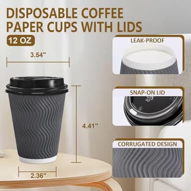 Clawsoff 100 Pack 12 oz Disposable Coffee Cups with Lids, Insulated Ripple Wall To-Go Paper Coffee Cups Suitable for Chocolate Cocoa and Hot/Cold Drinks (Grey) - Image 3