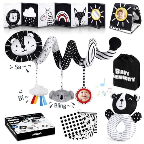 Joyreal High Contrast Baby Toys for Newborn, Black and White Baby Sensory Toys with Car Seat Toys,Infant Toys with Black White Cards Book, Montessori Toys for Baby Gifts - Image 1