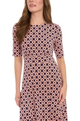 London Times Women's Dresses Inset Waist Midi Dress Career Office Occasion Guest of, Hexagon Geo - Navy/Persimmon, 10 - Image 5