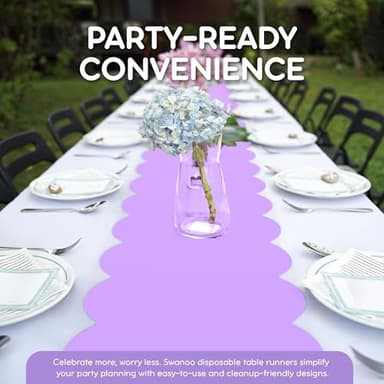 Lavender Plastic Disposable Table Runner. 5 Pack 14 x 108 inch. Scallop Table Runner Adds A Pop of Color to Your Party Table, by Swanoo - Image 3
