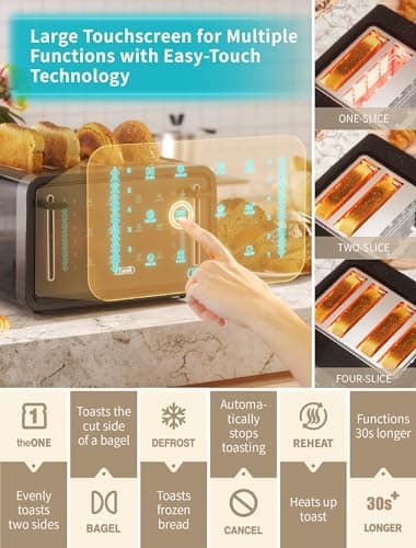 Gevi Toaster 4 Slice,Led Display Touchscreen Bagel Toaster with Dual Control Panels of Bagel/Reheat/Defrost/Cancel/Toasting One Slice/Longer Function,6 Shade Setting - Image 2