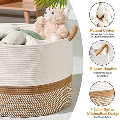 KAKAMAY Large Blanket Basket (20"x13"),Woven Baskets for storage Baby Laundry Hamper, Cotton Rope Blanket Basket for Living Room, Laundry, Nursery, Pillows, Baby Toy chest (White/Brown) - Image 6