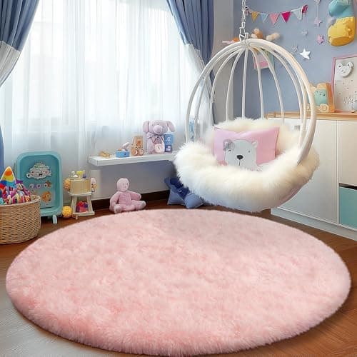 Pink Round Plush Rug for Living Room, Non-Slip Rugs, Furry Carpet for Nursery Room, Round Shaggy Rug for Living Room Area Rug 5Ft - Image 1