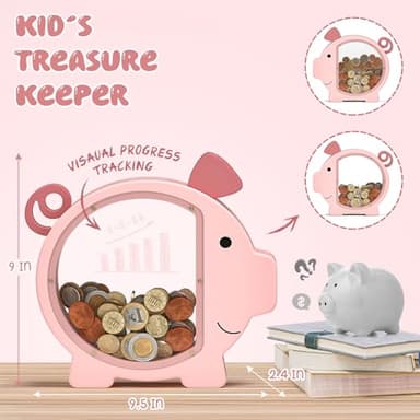 Summidate Pink Piggy Bank Girls,Clear Wooden Piggy Bank for Kids Toddlers,Cute Wood Money Coin Bank with DIY Sticker, Personalized Money Box Toys for Child Birthday Decor - Image 2