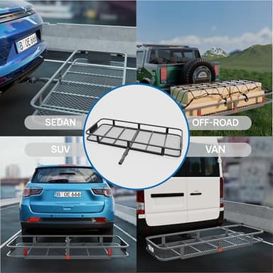 TUFFIOM 60"x24"x6" Folding Hitch Mount Cargo Carrier Basket, 500lbs Steel Car Cargo Trailer Hitch Luggage Rack, w/Hitch Lock+Password Lock+Net+Waterproof Cargo Bag+Straps+Stabilizer for SUV Truck Van - Image 8