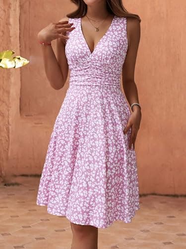 OURIN Spring Dress 2025 Easter Beach Sundresses Pastel Flowy Sleeveless A Line Midi Bridal Shower Brunch Vacation Summer Dress(Pink Floral,Medium) - Image 5