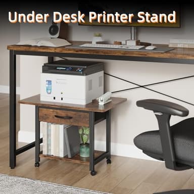 YAOHUOO Large Printer Stand with Storage Drawer, 2-Tier Under Desk Table for Home Office, Fits Fax Machine/3D Printer/Scanner (Brown) - Image 2