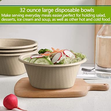 Homestockplus 32 Oz Deep Paper Bowls Disposable Bowl - Disposable Heavy Duty Compostable Bowls, Eco-friendly Sugarcane Bagasse Biodegradable Bowl for Soup, Salad, Dessert, Ice Cream [50 Pack] - Image 8