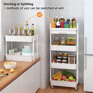 Calmootey 4-Tier Rolling Utility Cart with Drawer,Multifunctional Storage Organizer with Plastic Shelf & Metal Wheel,Storage Cart for Kitchen,Bathroom,Living Room,Office,White - Image 7