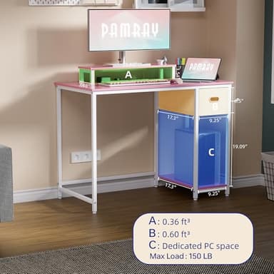 Pamray 39 Inch Computer Desk with Monitor Stand Small Home Office Desks with Non-Woven Storage Drawer for Bedroom Study Table Writing and Work Desk Pink - Image 6