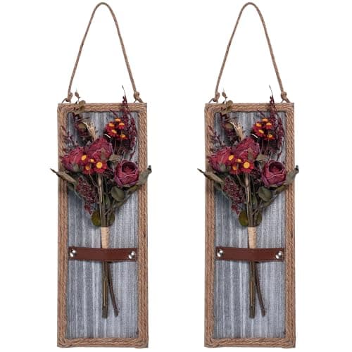 Yorkmills Wood Wall Decor & Red Artificial Flowers Set of 2, Grey Wall Art Decor with Fake Flower Bouquet, Rustic Wall Art Home Farmhouse Wall Decor for Living Room, Dining Room, Bedroom, Bathroom - Image 1
