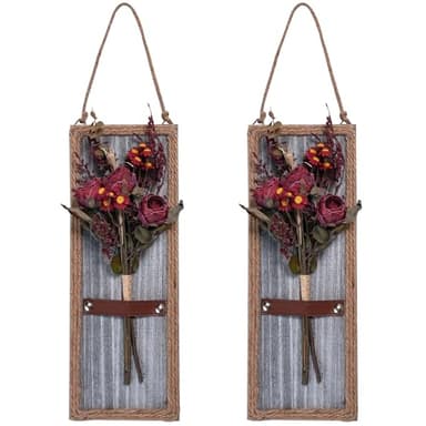 Yorkmills Wood Wall Decor & Red Artificial Flowers Set of 2, Grey Wall Art Decor with Fake Flower Bouquet, Rustic Wall Art Home Farmhouse Wall Decor for Living Room, Dining Room, Bedroom, Bathroom - Image 1