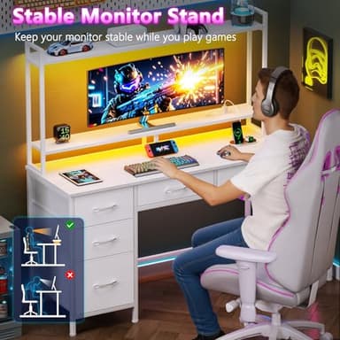 Korfile Computer Gaming Desk with Hutch, Home Office Desk with Power Outlets, LED Light, 5 Storage Drawers, 2 Tiers Shelves for Display, 47 Inch Modern Study Writing Table for Bedroom, White - Image 8