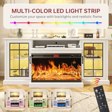 oneinmil Fireplace TV Stand with 3-Sided Glass, TV Cabinet for TVs up to 85", 80'' Modern Media Entertainment Center with Farmhouse Glass Door Storage Cabinets, for Living Room, White - Image 6