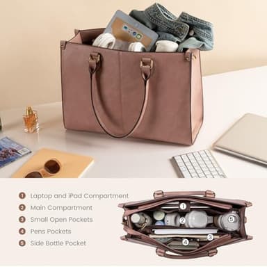LOVEVOOK Laptop Tote Bag for Women, 15.6 Inch Large Capacity Vintage Leather Work Computer Bag, Business Casual Shoulder Handbag, Lotus Pink - Image 5
