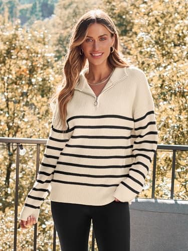 LILLUSORY Women's Quarter Zip Striped Oversized Sweater 2025 Mock Turtleneck Fall Fashion Outfit Apricot-Black S - Image 3