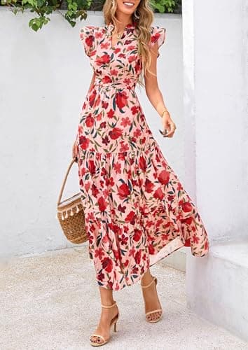 PRETTYGARDEN Women's 2025 Summer Floral Midi Dress Cap Sleeve V Neck Ruffle Long Flowy Boho Casual Beach Vacation Dresses (Floral Orange Pink Red,XX-Large) - Image 7