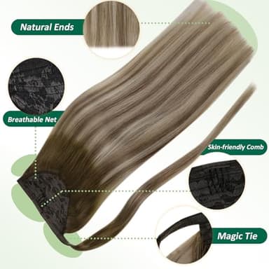 Easyouth Ponytail Extension Human Hair Ombre Ponytail Hair Extensions Balayage Dark Brown to Light Brown with Blonde Pony Tails Hair Extensions for Short Hair 12 Inch 70g - Image 3