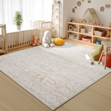 Soalmost 8x10 Area Rugs for Living Room, Stain Resistant Washable Rugs for Dining Room, Kitchen, Floral Vintage Non-Slip Thin Large Beige Rug - Image 8