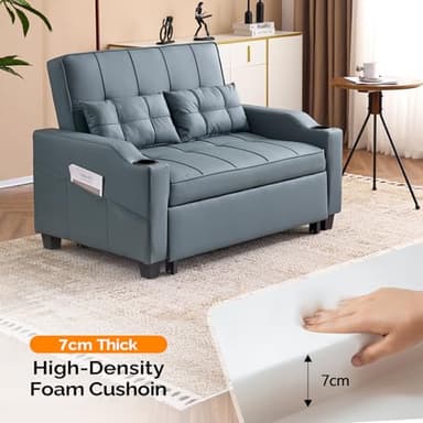 VINGLI Convertible Loveseat Sleeper, Blue Grey Faux Leather Futon Sofa Bed Pullout Couch Bed with USB Ports, Cup Holders, Armrest for Living Room, Bedroom, Home Office Apartment - Image 4