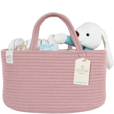 KiddyCare Diaper Caddy Organizer for Baby Nursery Basket with Handle Lid Nursing Caddy with Changing Table Organizer Cart Newborn Caddy Rosy (Floral Print) X-Large - Image 1