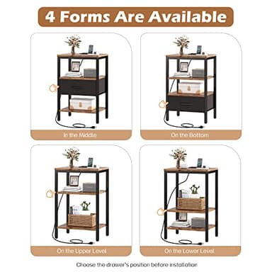 SUPERJARE Nightstand Set of 2, Bed Side Tables with Charging Station, Adjustable Fabric Drawer, Night Stand for Bedroom, 3-Tier Storage End Tables, for Living Room, Rustic Brown and Black - Image 4