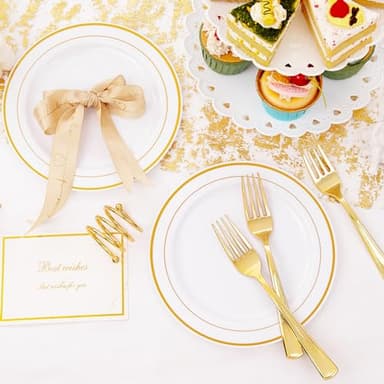 I00000 144 Small Plastic Dessert Plates Set Include 72 Pcs Gold Dessert Plates 7.5" with 72 Pcs Forks 7.5",Disposable Cake Plate,Fancy White Gold Plastic Small Plates for Party - Image 4