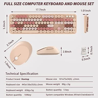 Wireless Keyboard and Mouse, KOOTOP Cute Keyboard and Mouse, 2.4G Wireless Keyboard with Retro Round Keycap for PC, Mac, Laptop,Computer Windows (Milk Tea) - Image 6