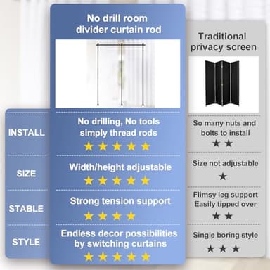 Room Divider, No Drilling Curtain Rod for Room Separation, 4-10ft (H) 28-114inch(W) Adjustable Heavy Duty Floor to Ceiling Tension Rod Wall Dividers Temporary Privacy Separator Window Rods Matte Black - Image 8