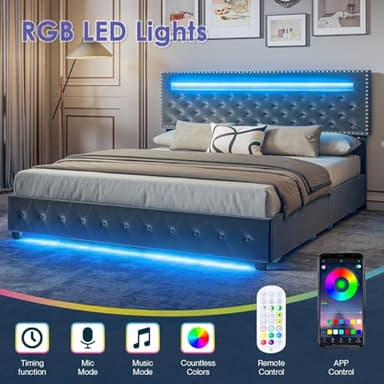 BedsPick Queen Size Bed Frame with LED Lights, Velvet Upholstered Platform Queen Bed Frame with 2 Storage Drawers and Adjustable Headboard, No Box Spring Needed Queen Bedframe, Noise Free, Light Grey - Image 5