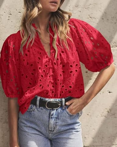 PRETTYGARDEN Women's Summer Tops 2025 Dressy Casual Short Sleeve V Neck Buttons Hollow Out Lace Embroidered Blouses Shirts (Red,XX-Large) - Image 5
