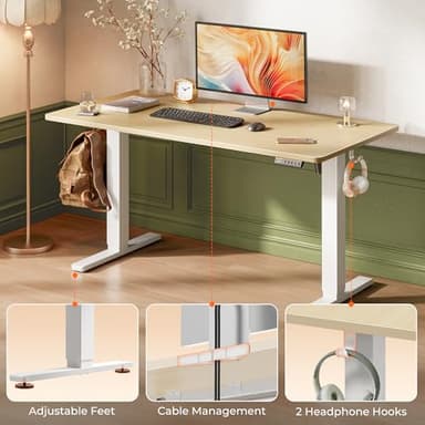 Huuger 55 x 28 Large Electric Standing Desk, Height Adjustable Desk, 27.6" Deep Desktop, Stand up Gaming Computer Office Desk with 2 Hooks, 3 Preset Heights, for Home Office, Natural - Image 7