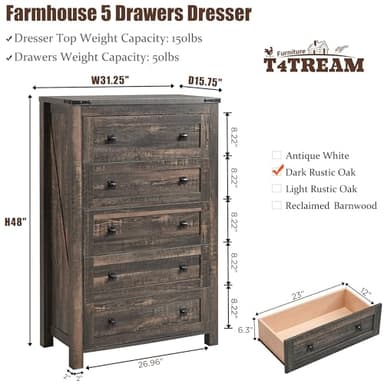 T4TREAM Farmhouse 5 Drawers Dresser Chests for Bedroom, Wood Rustic Tall Chest of Drawers, Dressers Organizer for Bedroom, Living Room, Hallway, Dark Rustic Oak - Image 2