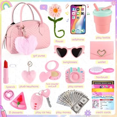 Play Purse for Little Girls Toddler, 35PCS Toddler Purse with Pretend Makeup for Kids, Girl Toys Princess Toy Includes Handbag, Phone, Kids Toy Purse Christmas Birthday Gift for Girls 3 4 5 6 7 8+ - Image 7