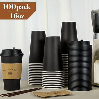 LITOPAK 100 Pack 16 oz Paper Coffee Cups with Lids, Black Disposable Coffee Cups with Lids, Sleeves and Stirring Sticks, for Parties, Picnic, Travel, and Events - Image 3