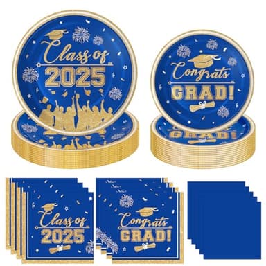 Graduation Plates and Napkins 2025 Graduations Party Supplies, Class of 2025 Congrats Grad Disposable Paper Plates Cocktail Napkins Set for Blue and Gold 2025 Graduation Party Decorations, Serve 50 - Image 1